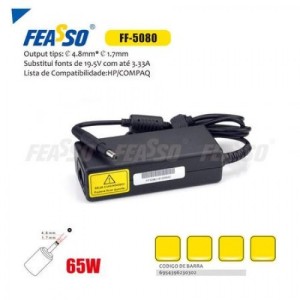 FONTE FF-5080 P/ NOTEBOOK HP/COMPAQ 65W 19.5V 3.33A PLUG4,8X1,7 FEASSO